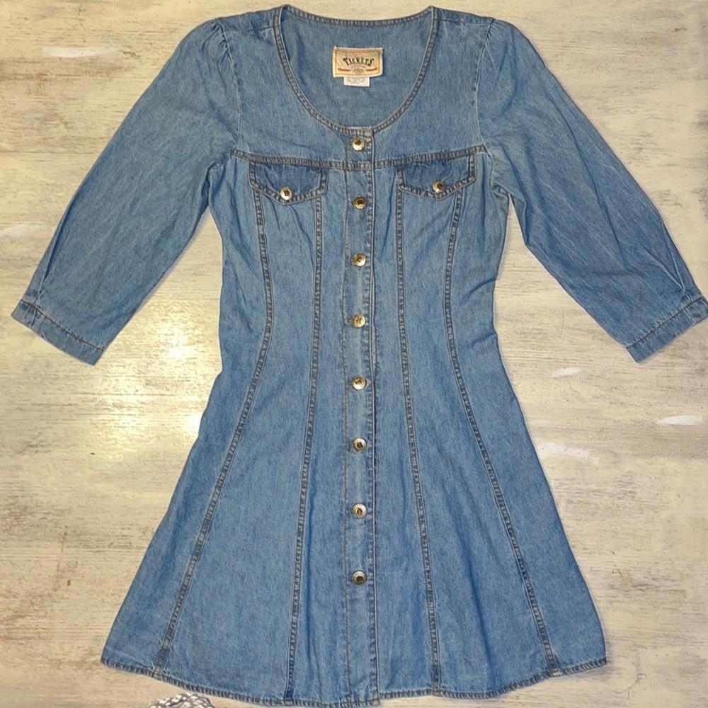 EUC Vintage 80s Tickets Clothing Tailored Button Down Denim Dress V 7/8 - M S 4